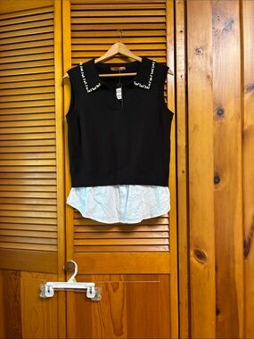 Belldini Black Sleeveless Knit Top with Pearl-Trim Collar and White Shirt Hem